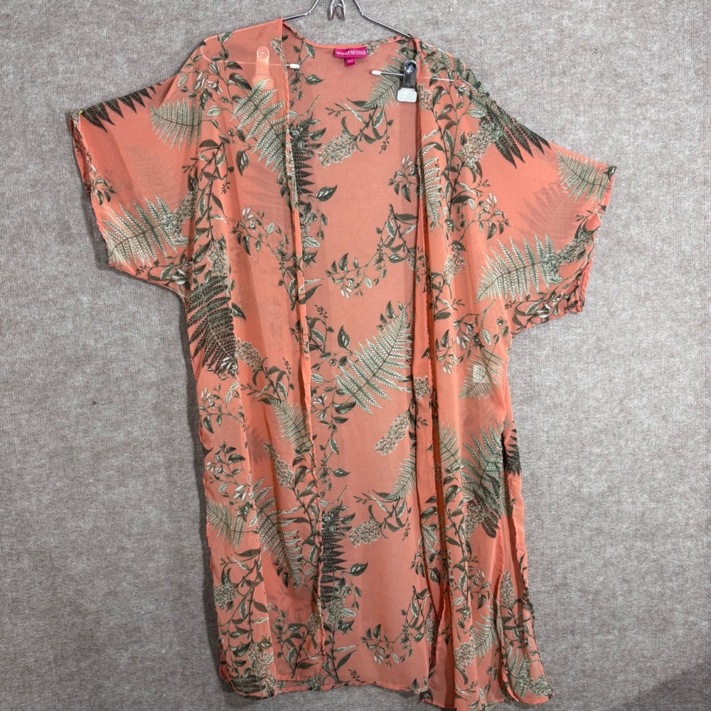 Westwind Floral Sheer Kimono Cardigan Womens M/L Peach Fern Print Boho Layering